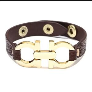 Unisex Brown Faux Leather Bracelet with Gold Buckle Detail